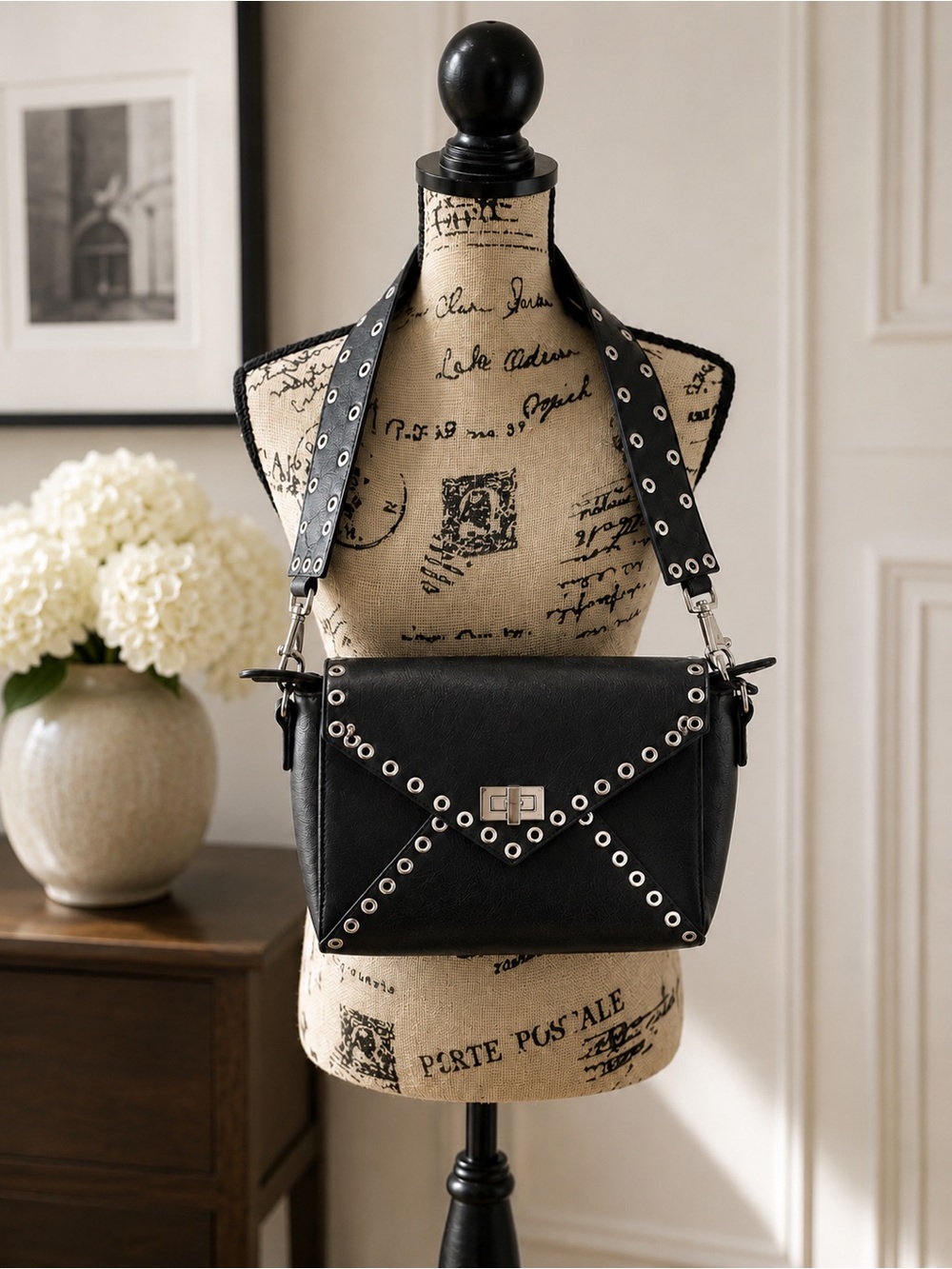 Black Studded Envelope Crossbody Bag with Eyelet Strap